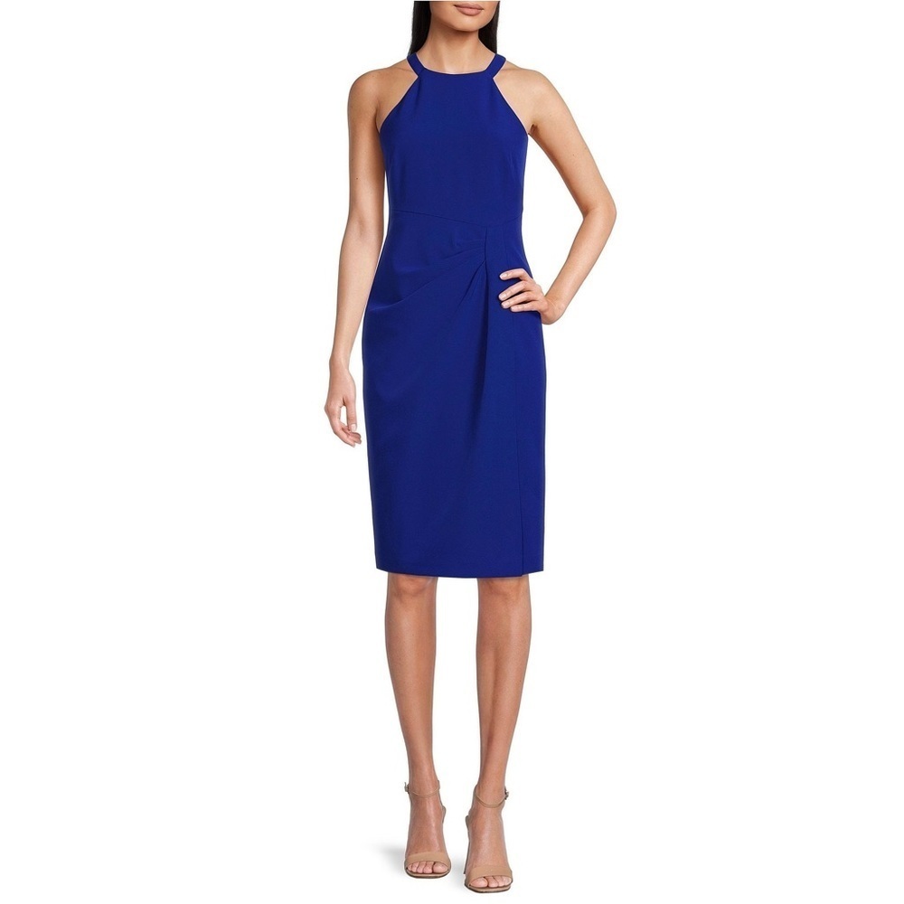 Vince Camuto Sleeveless Midi Ruched Sheath Dress in Blue